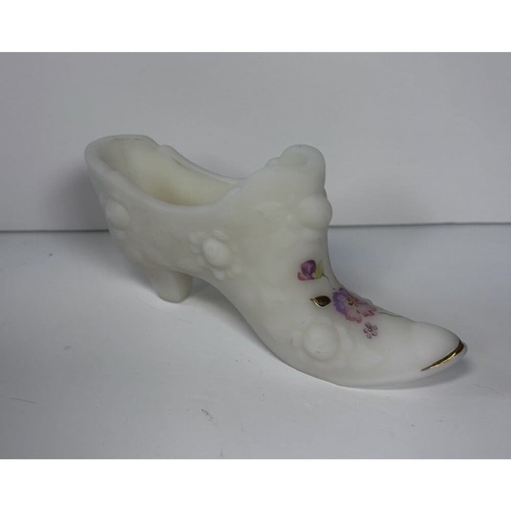 Fenton White Satin Glass Hand Painted Floral Victorian Shoe Artist Signed - Picture 2 of 7